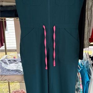 Figs Dark Teal Jumpsuit with Bright Pink Drawstrings